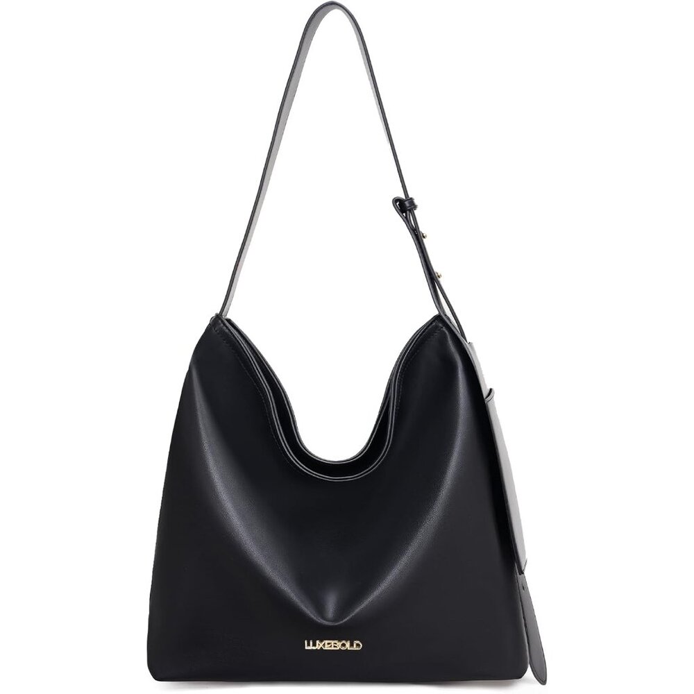 Women's Tote Hobo Vegan Leather Shoulder Strap Zippered Pocket Black Bag